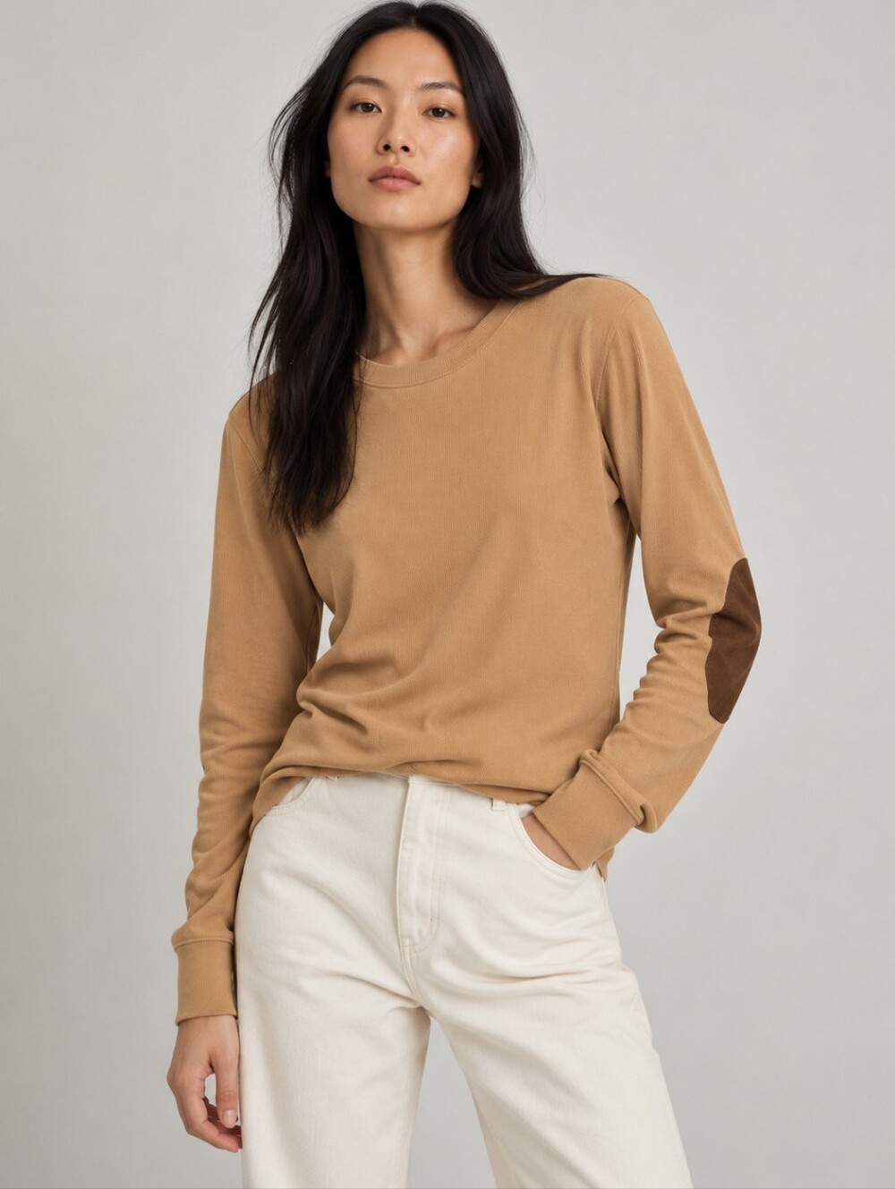 Polo Ralph Lauren Tan Ribbed Long Sleeve Top Women’s XL Brown Elbow Patches